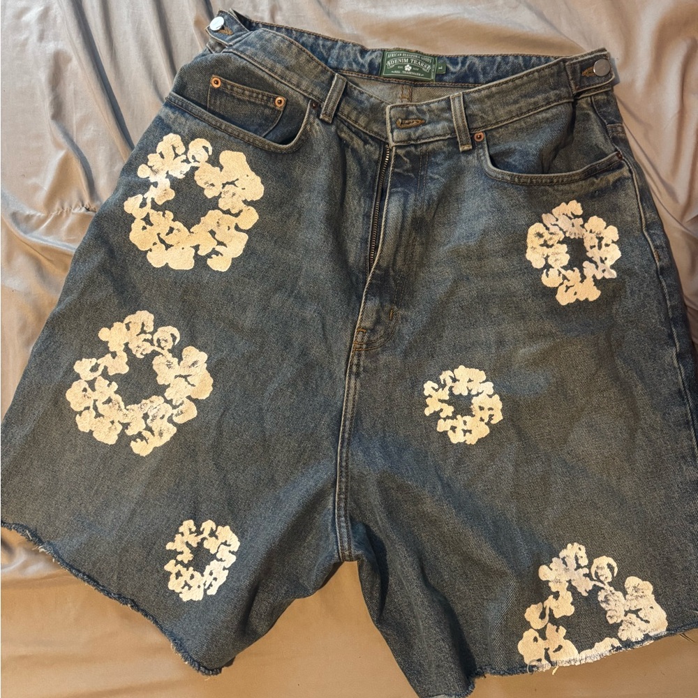 Men's Denim Shorts with White Floral Patterns